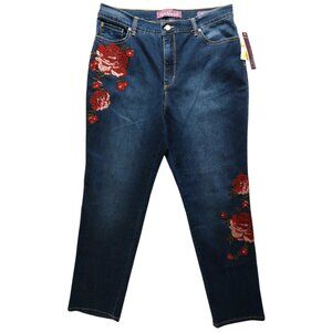 NWT Gloria Vanderbilt Women's Rose Embroidered Tapered Fit Jeans 14P Petite